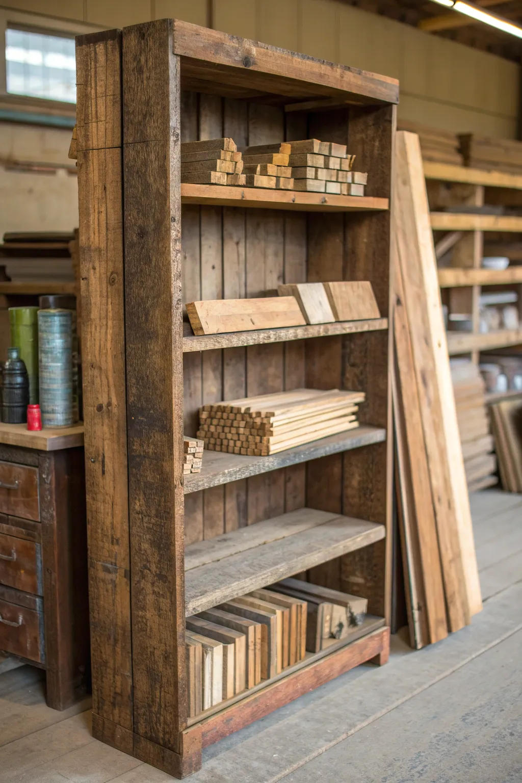 Craft your chaos into order with a repurposed bookshelf, the perfect lumber organizer for the craftsmanship connoisseur.