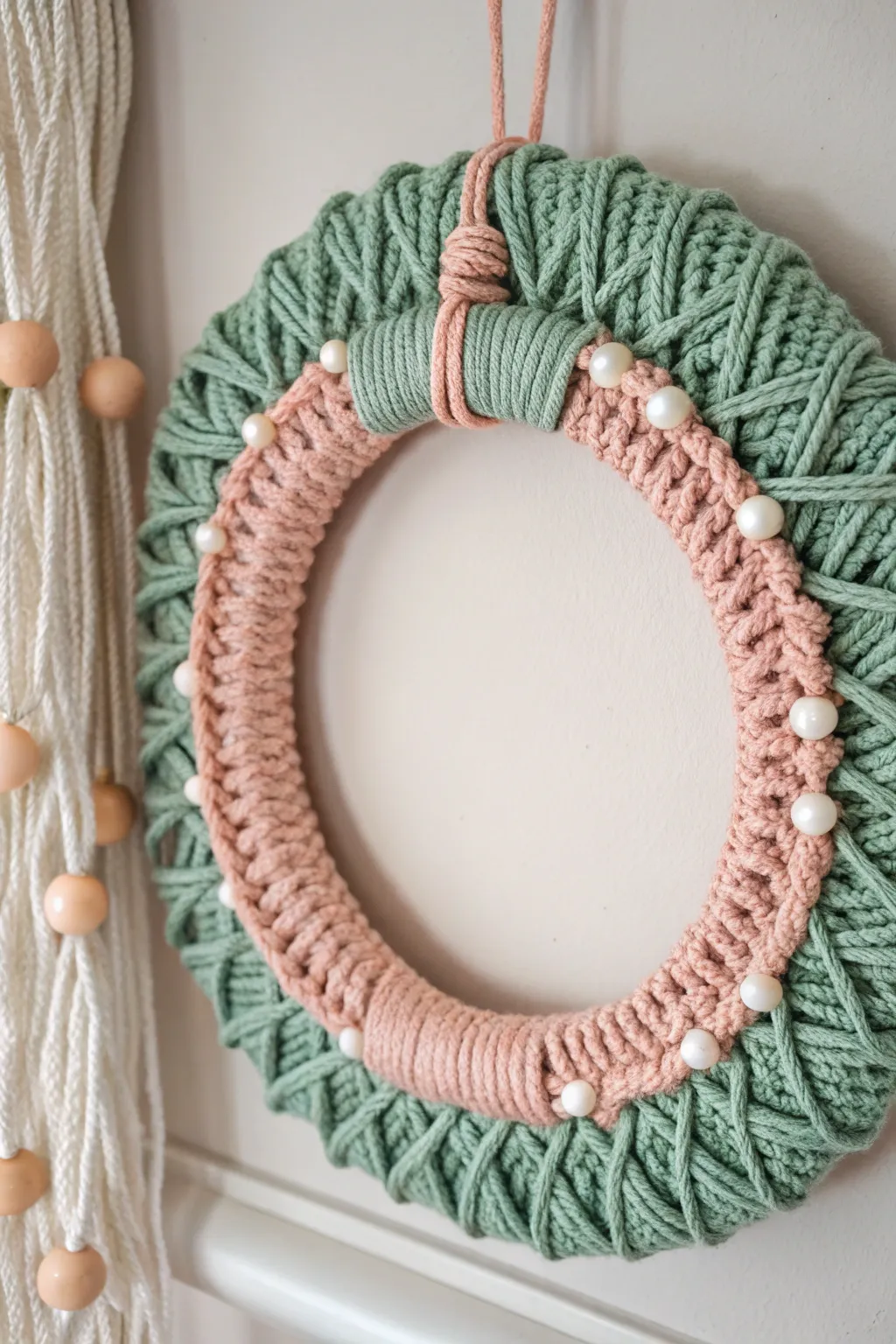 Add a playful twist to your holiday decor with this double-color macrame wreath, blending simplicity and natural beauty.