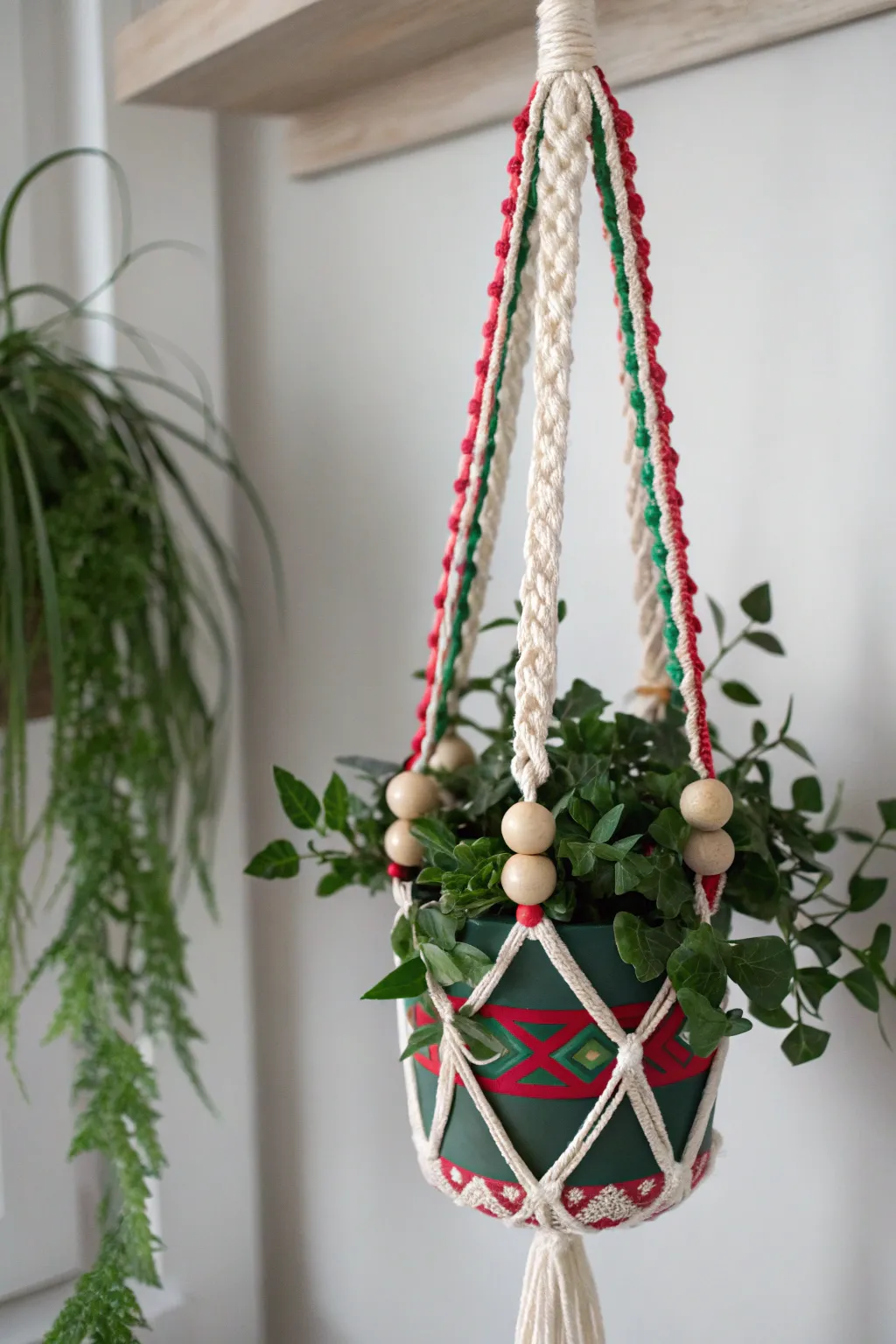 Bring festive charm to your decor with this elegant macrame plant hanger, perfect for a cozy holiday vibe.