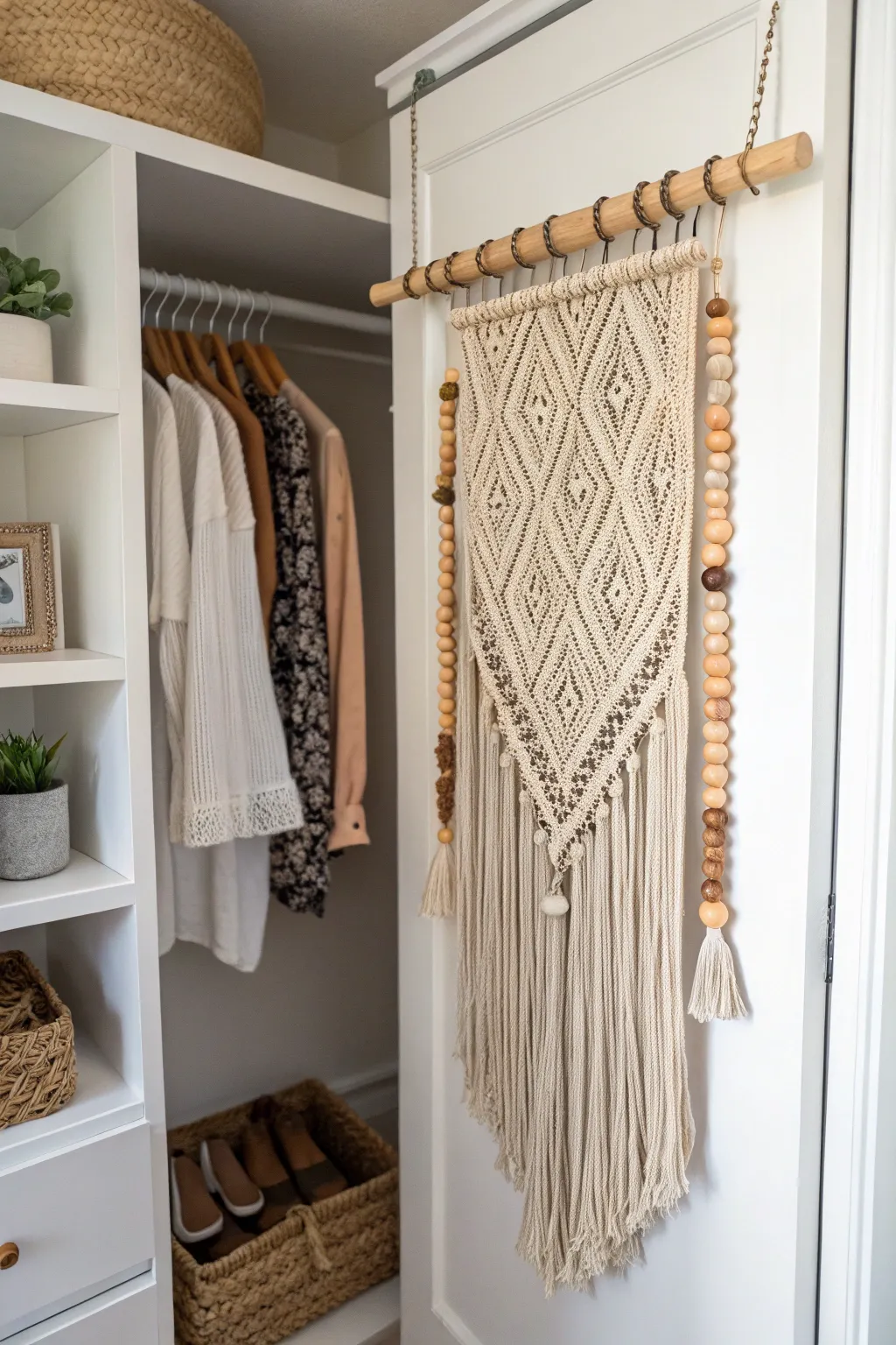 Maximize your space and creativity with a chic macrame setup using a simple closet rod. 🌿✨ #MacrameMagic #MinimalistBoho