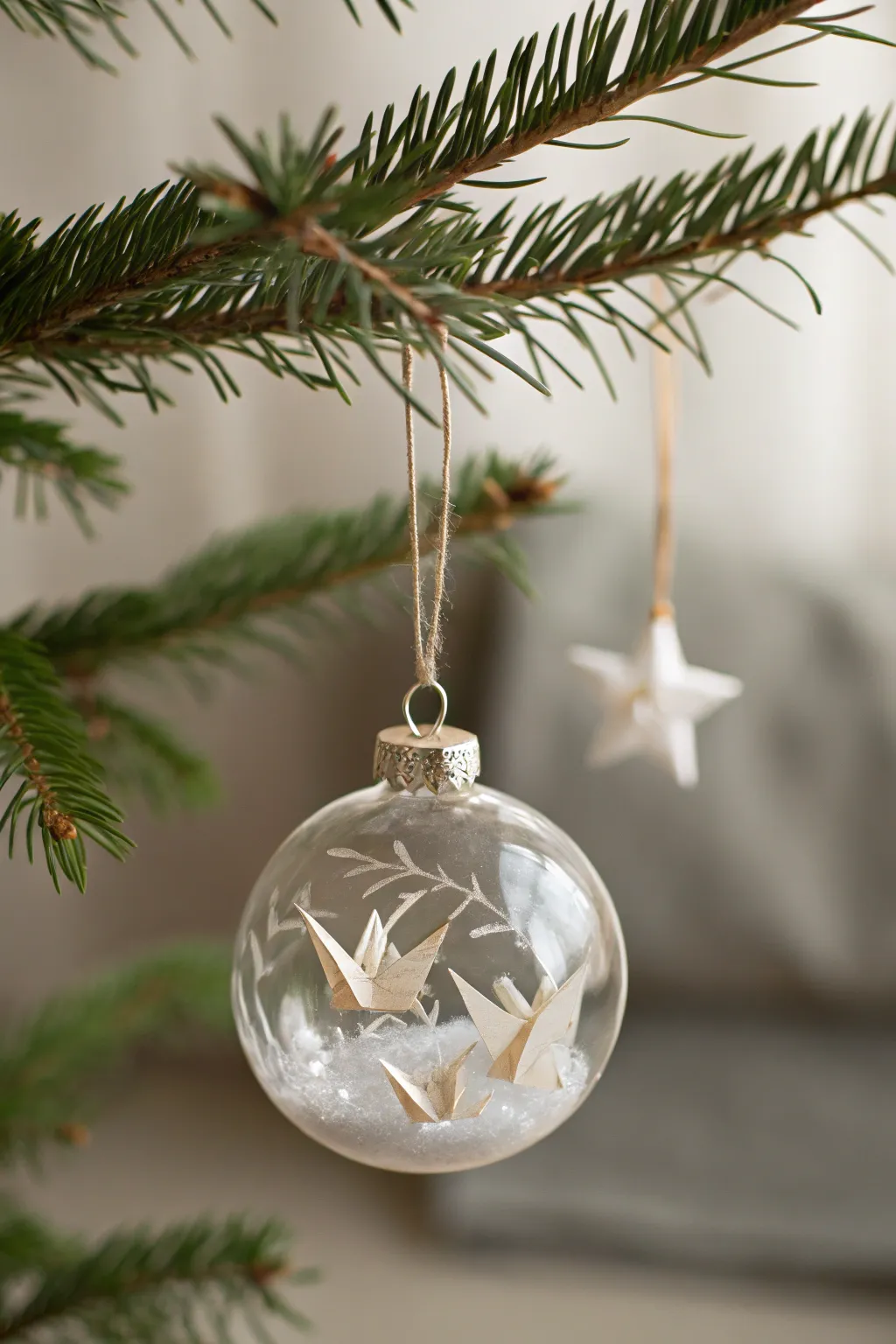 Embrace the art of simplicity with origami-filled Christmas baubles, a perfect blend of Scandinavian minimalism and boho charm.