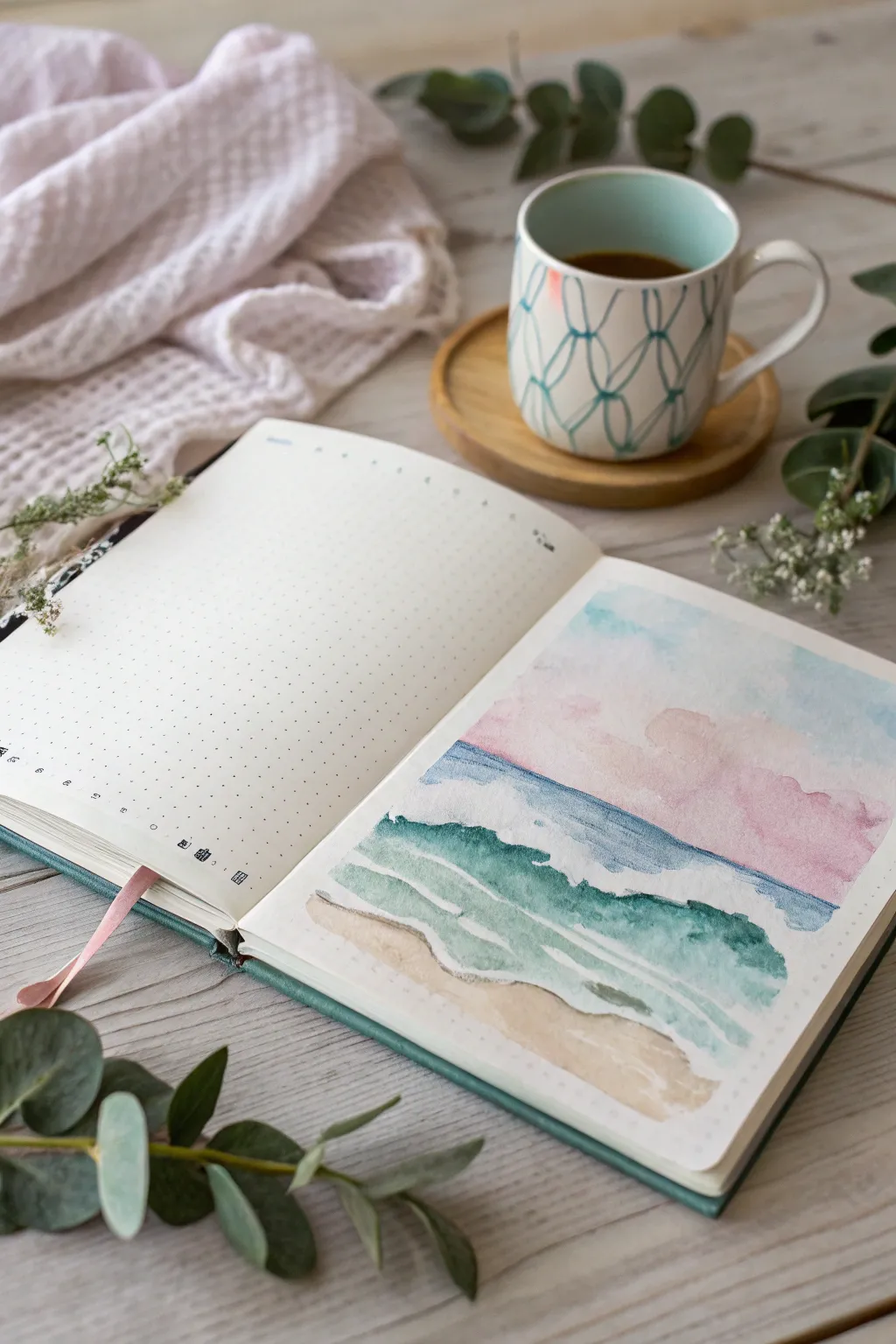 Embrace the fluid artistry of watercolors for a serene bullet journal cover that whispers elegance and simplicity.