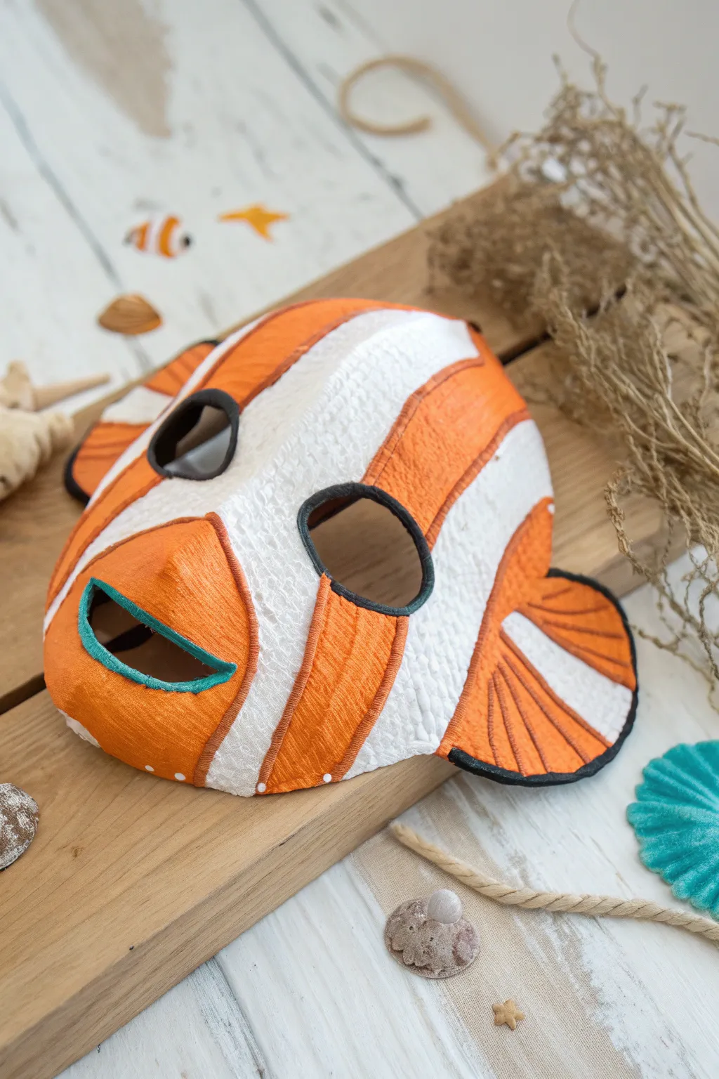 Dive into creativity with this stunning clownfish mask, a perfect blend of artistry and oceanic inspiration.