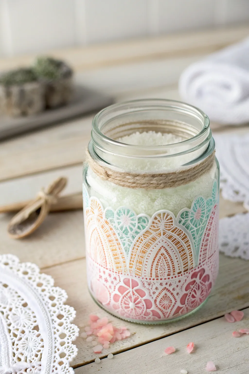 Transform your mason jars into ethereal creations with pastel lace patterns – a perfect blend of simplicity and elegance.