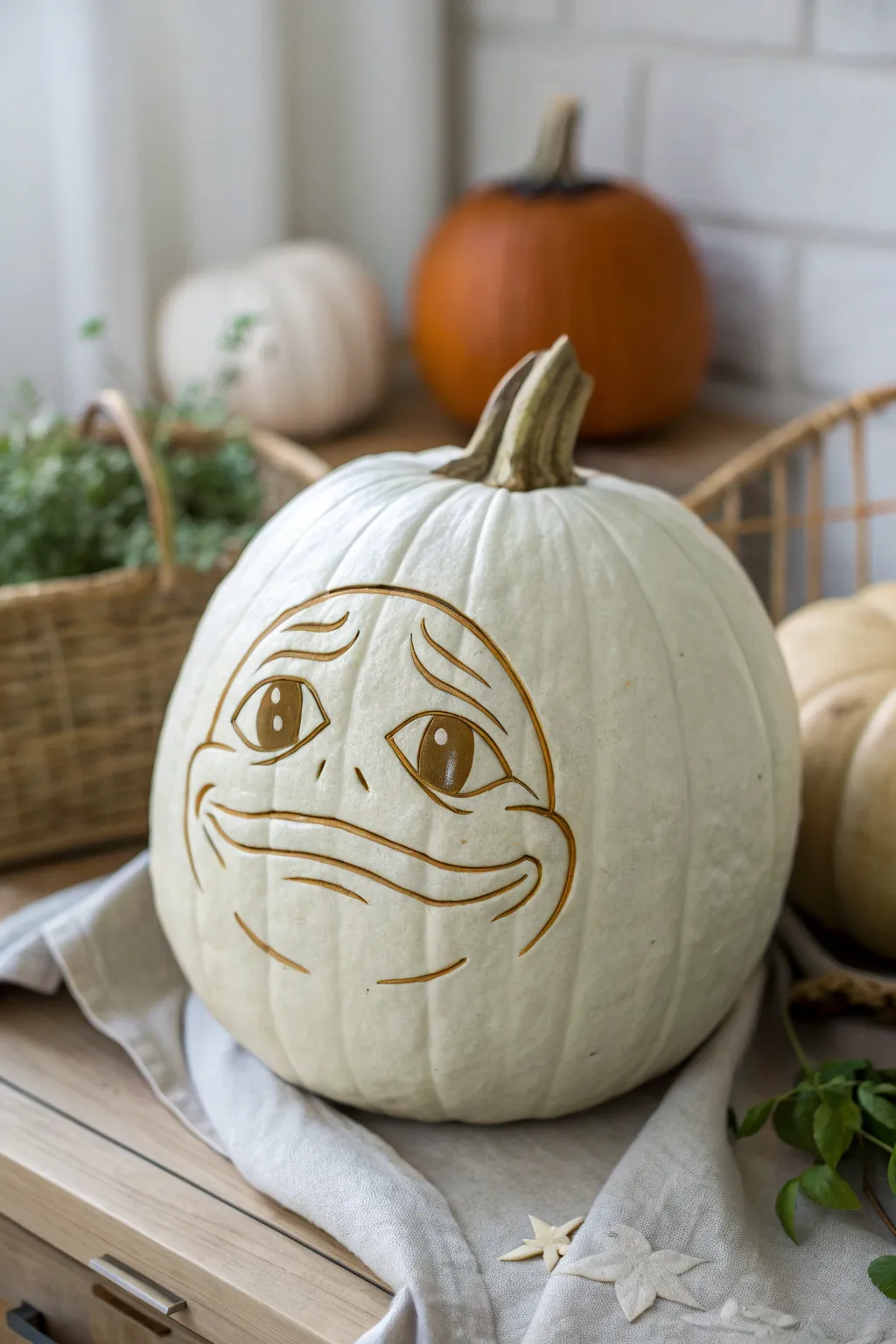 Embrace the charm of melancholy with a Pepe the Frog pumpkin carving that marries minimalist design with meme culture.