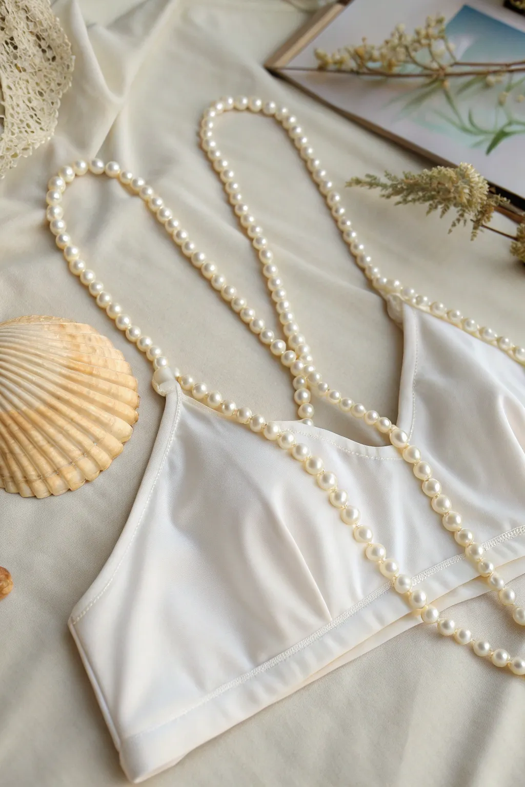 Elevate your mermaid look with elegant pearl straps, a nod to the ocean's timeless allure.