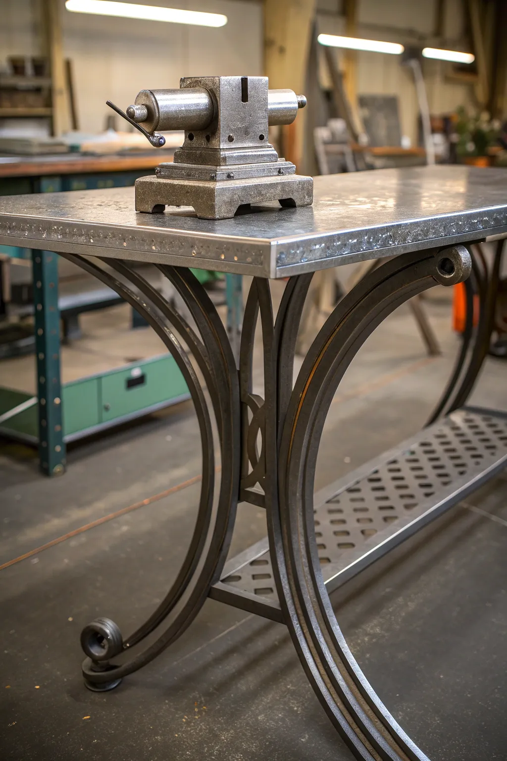 Master your craft: A metal shop table with a built-in vice, designed for precision and durability.