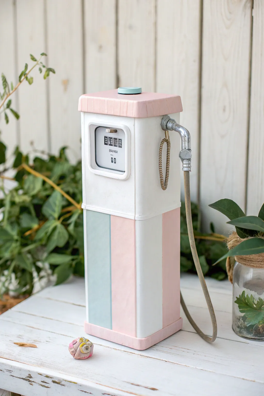 Transform nostalgia with minimalist charm: Craft your own miniature gas pump from recycled materials.