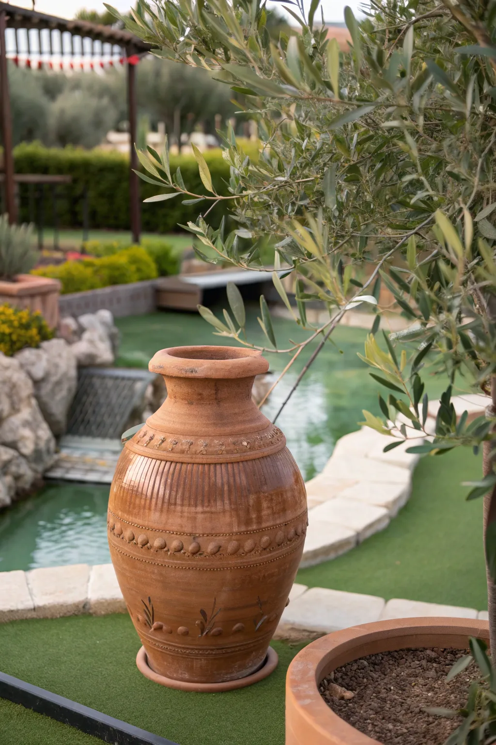 Transform your mini golf course into a Mediterranean oasis with the elegance of terracotta and olive branches.