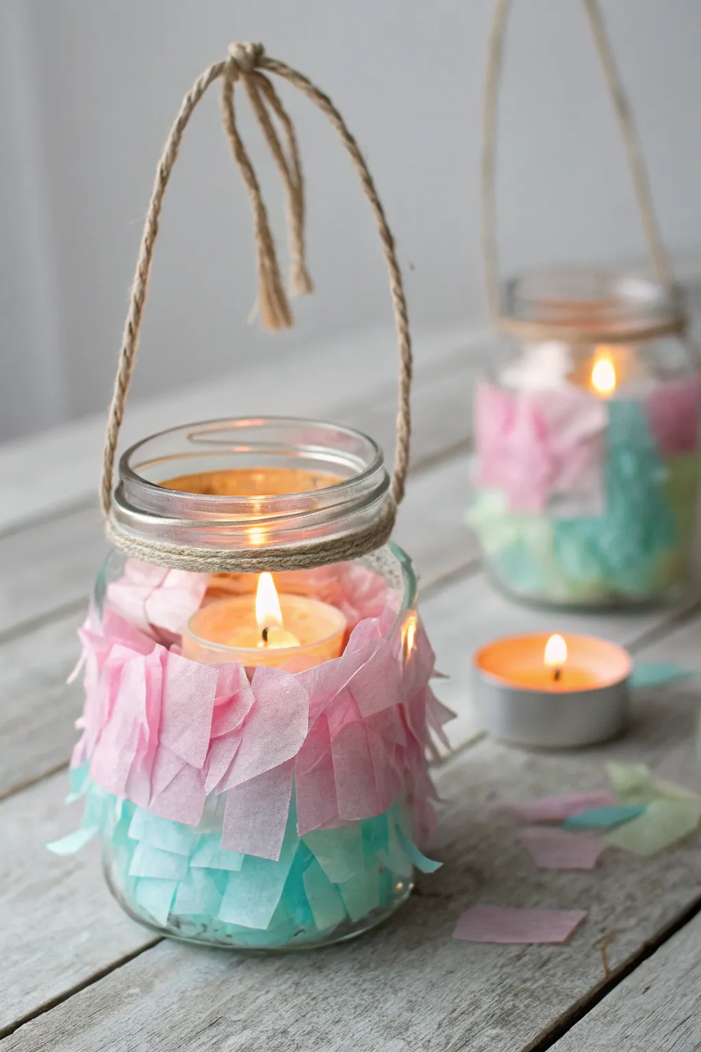 Illuminate your space with handmade beauty: a colorful mini mason jar lantern.