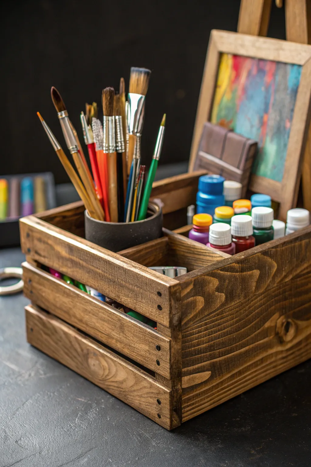 Elevate your art space with a handcrafted mini wooden crate, the perfect blend of style and function for all your creative tools.