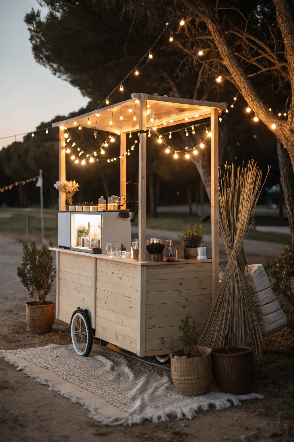 Transform your evening with the enchanting glow of string lights, turning your mobile coffee cart into a magical nook.