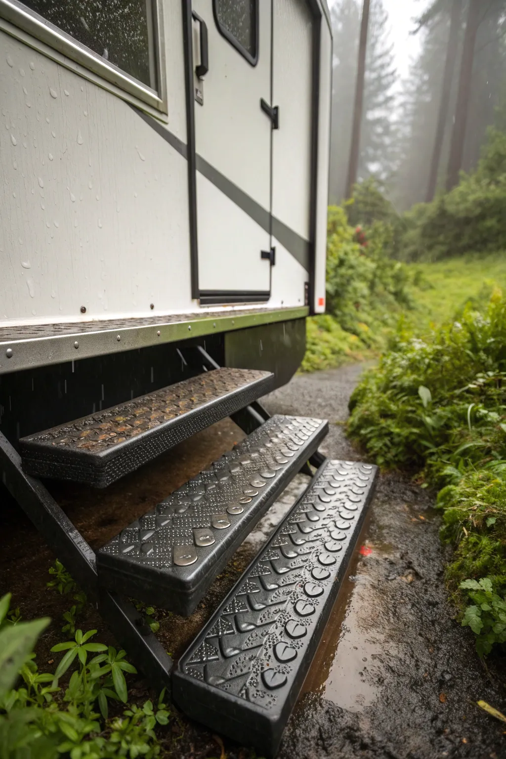 Crafted for resilience: Explore the rugged charm of recycled rubber steps for your mobile home.