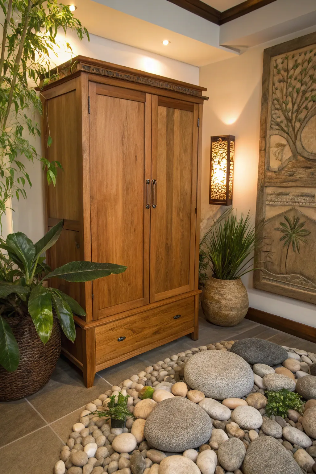 Natural materials enhancing the organic feel of an armoire.