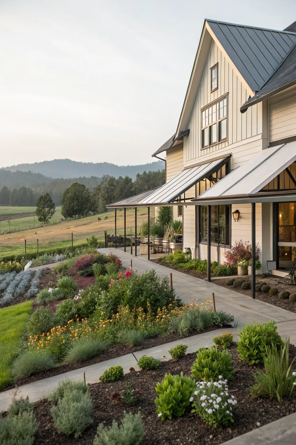 Asymmetrical awning designs add a unique architectural flair.
