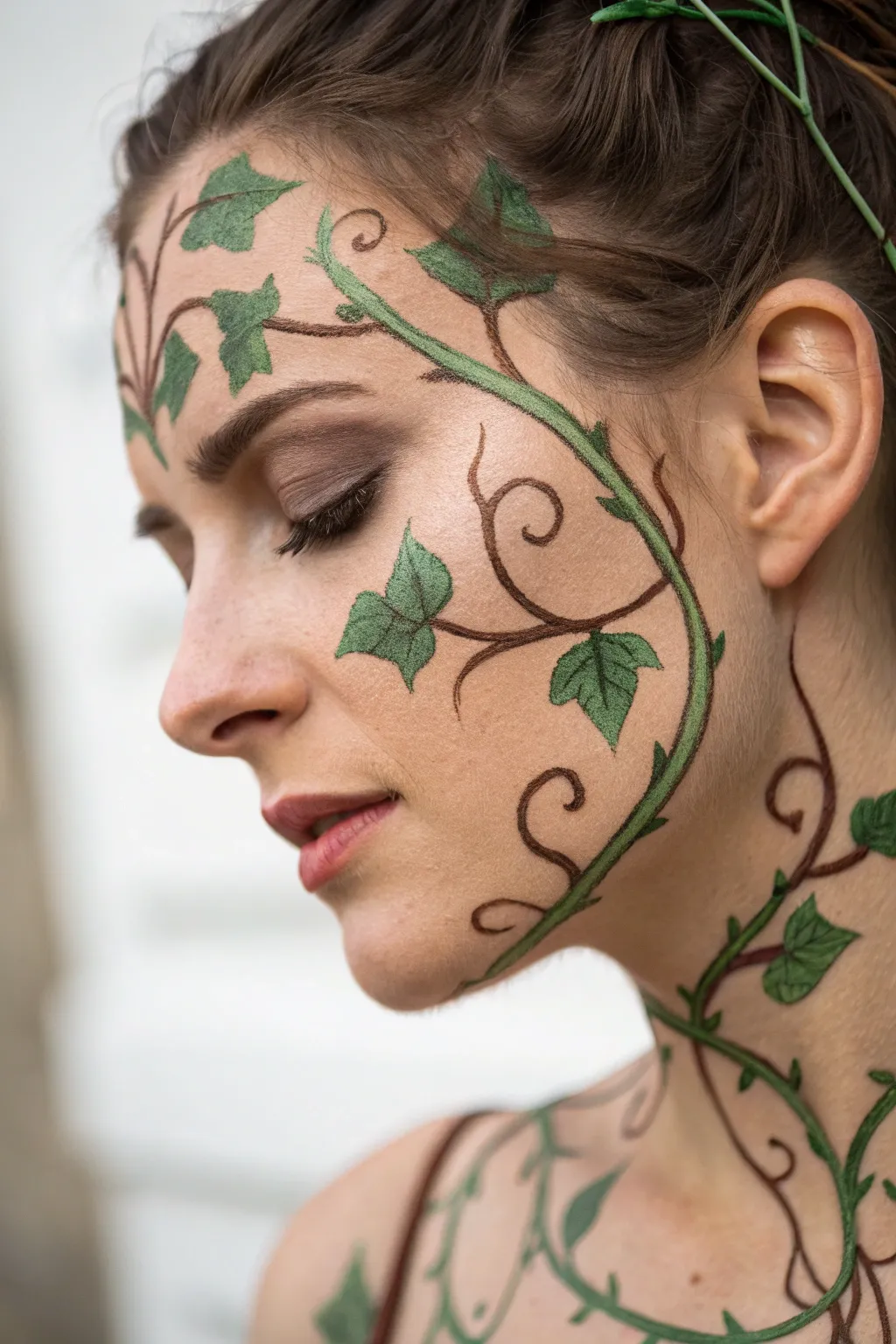 Embrace nature's fierce elegance with thorny vine makeup for a strikingly natural monster look.