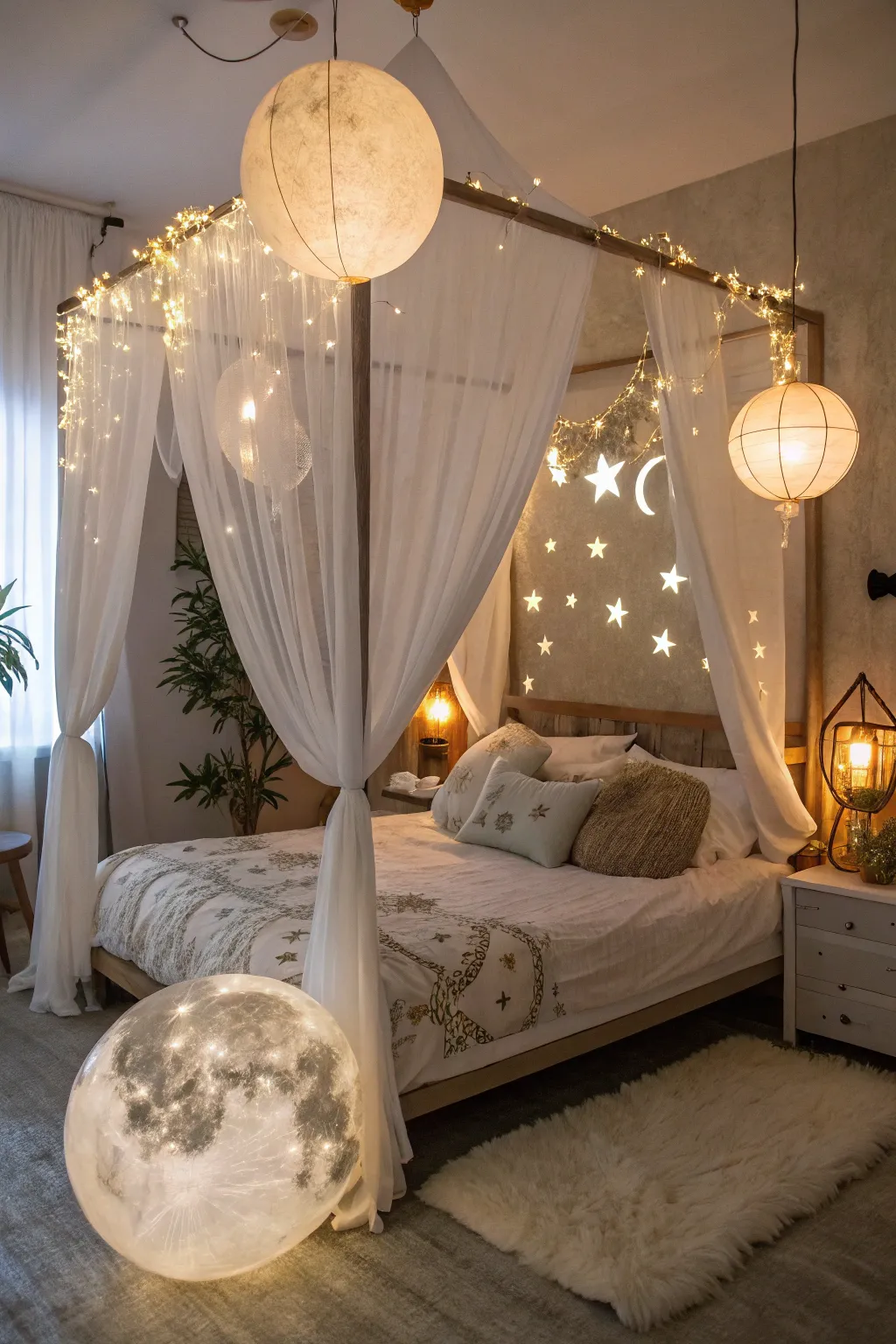 An ethereal canopy bed offers a secluded, dreamy retreat.