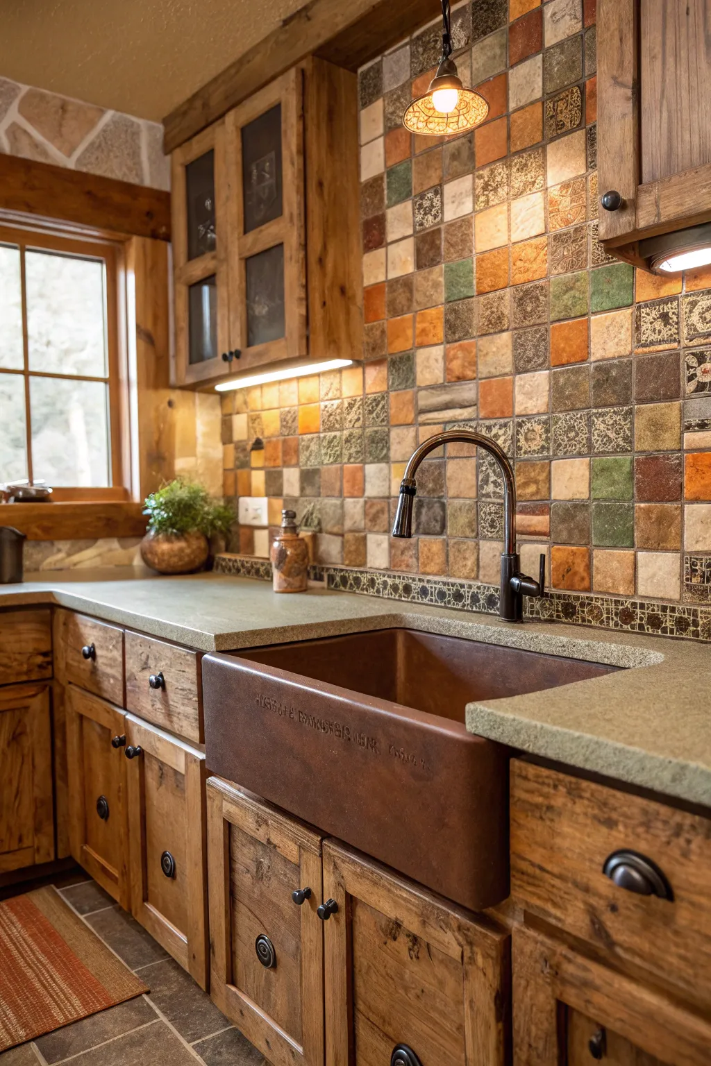 Rustic mosaics add warmth and character to the kitchen.