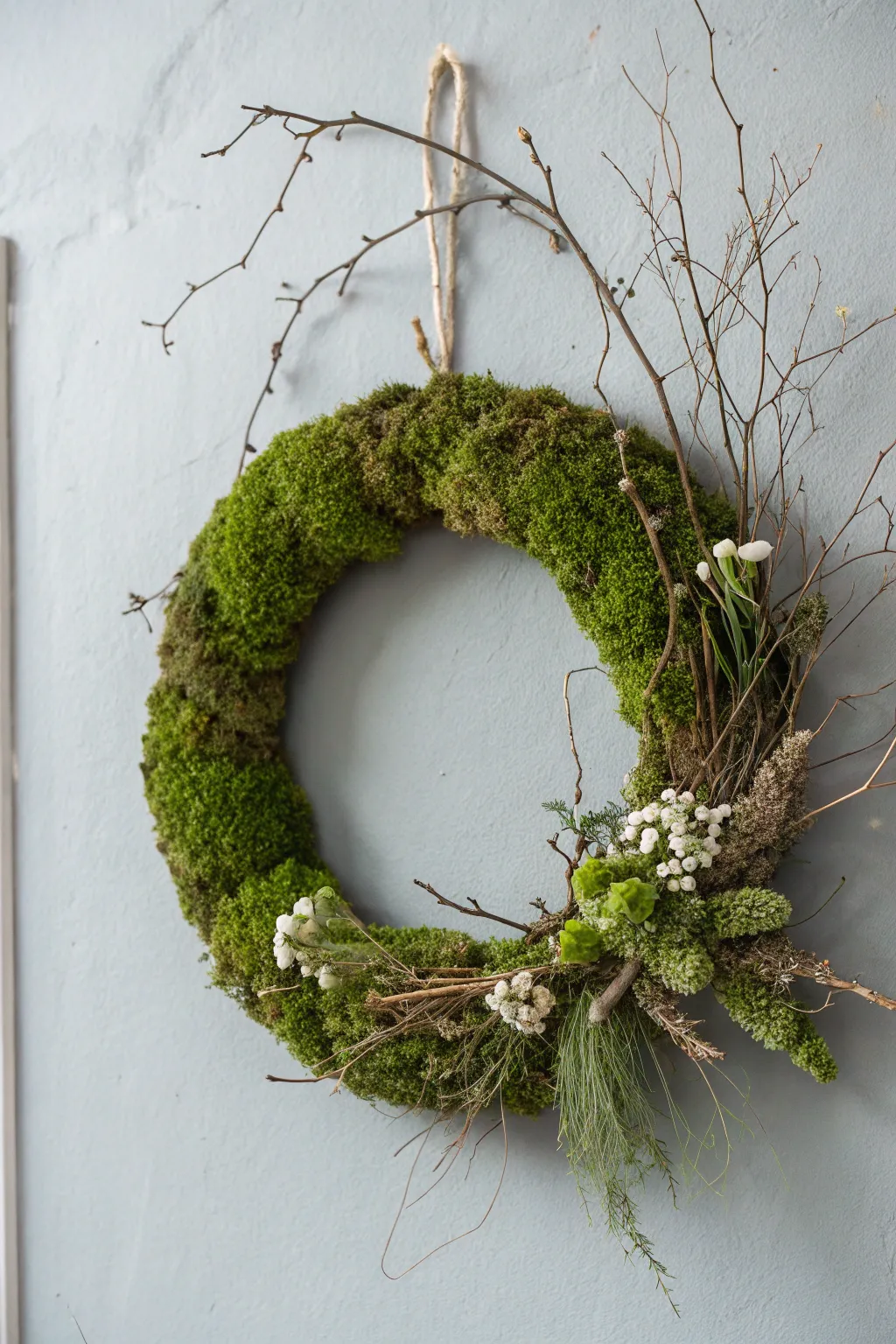Embrace the beauty of artistic asymmetry with this stunning DIY moss wreath, perfect for adding a touch of natural elegance to your space.