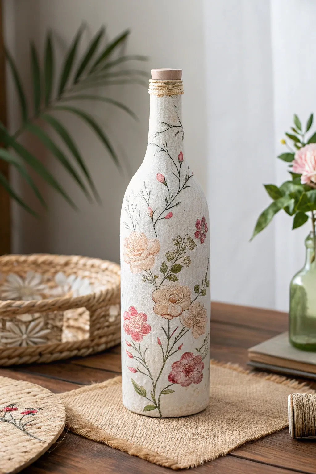 Elevate your decor with this stunning decoupage glass bottle vase, a perfect blend of artistry and simplicity.