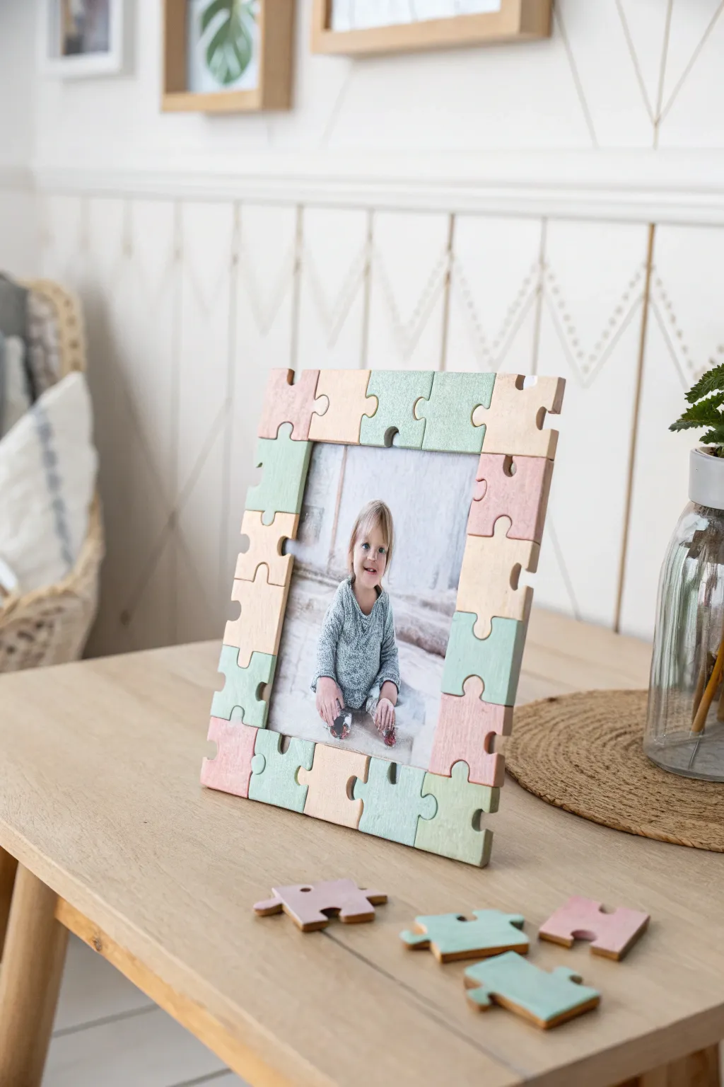 Crafting memories: A delightful puzzle piece photo frame for Mother's Day.