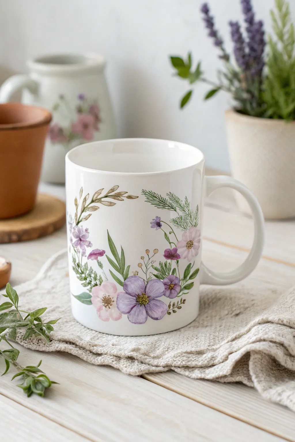 Embrace the simplicity and elegance of a floating floral wreath on your morning mug.