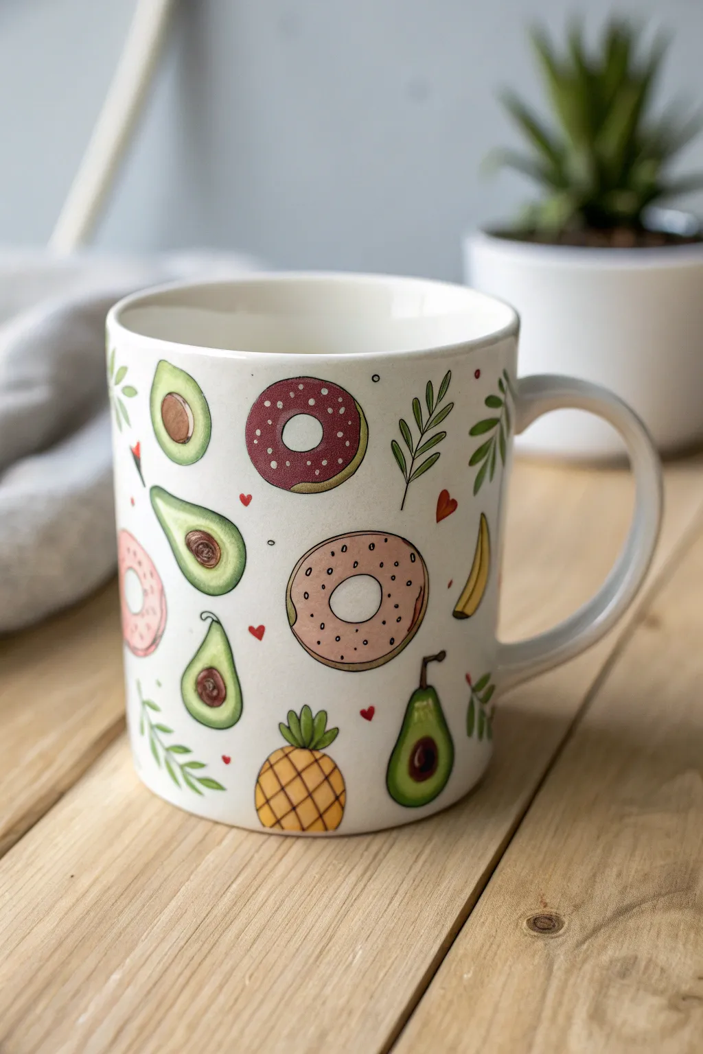 Start your day with a smile and a sip from this whimsical mug adorned with playful food art!