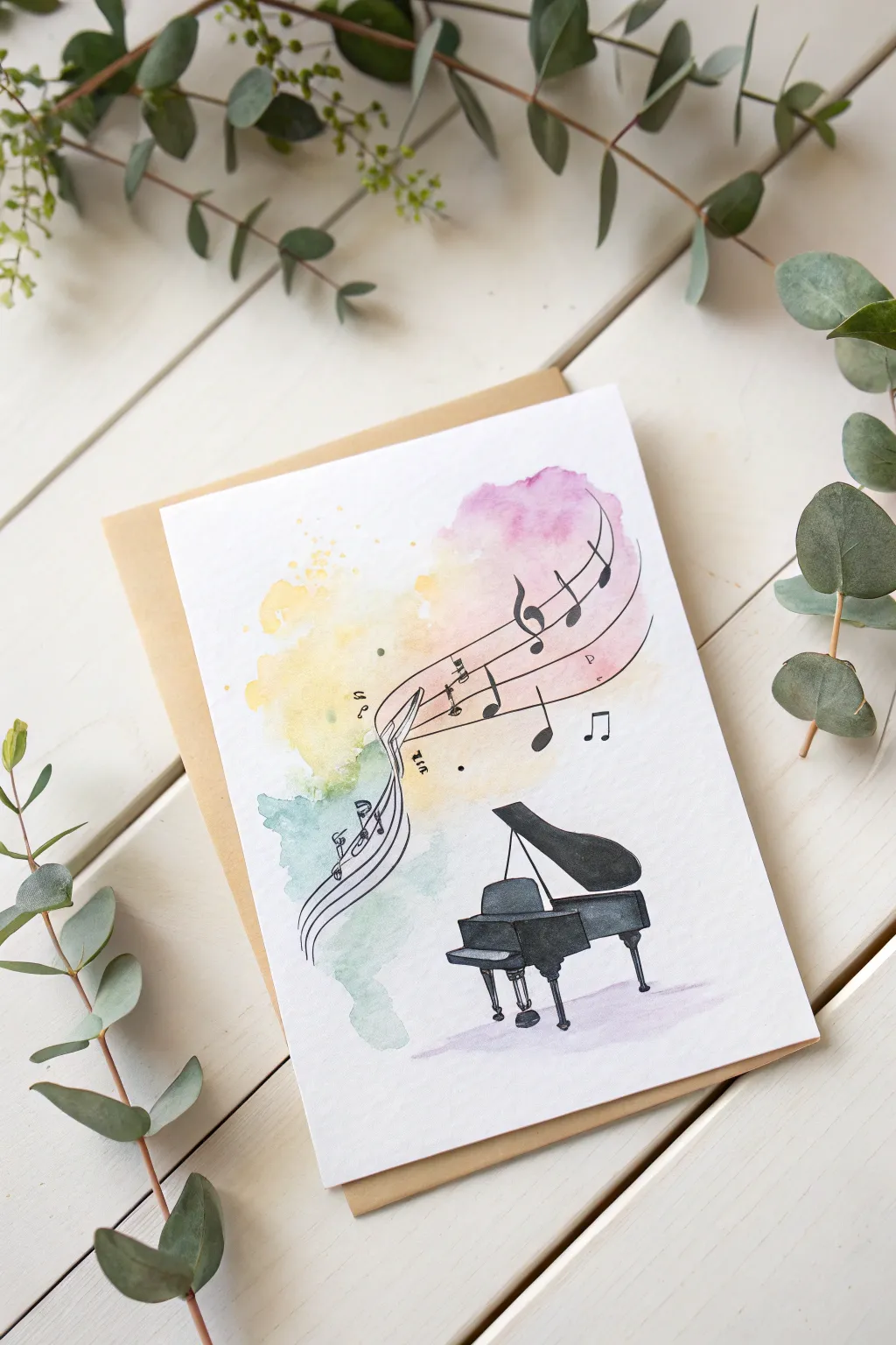 Capture the harmony of art and music with this handcrafted watercolor card, perfect for the minimalist soul.