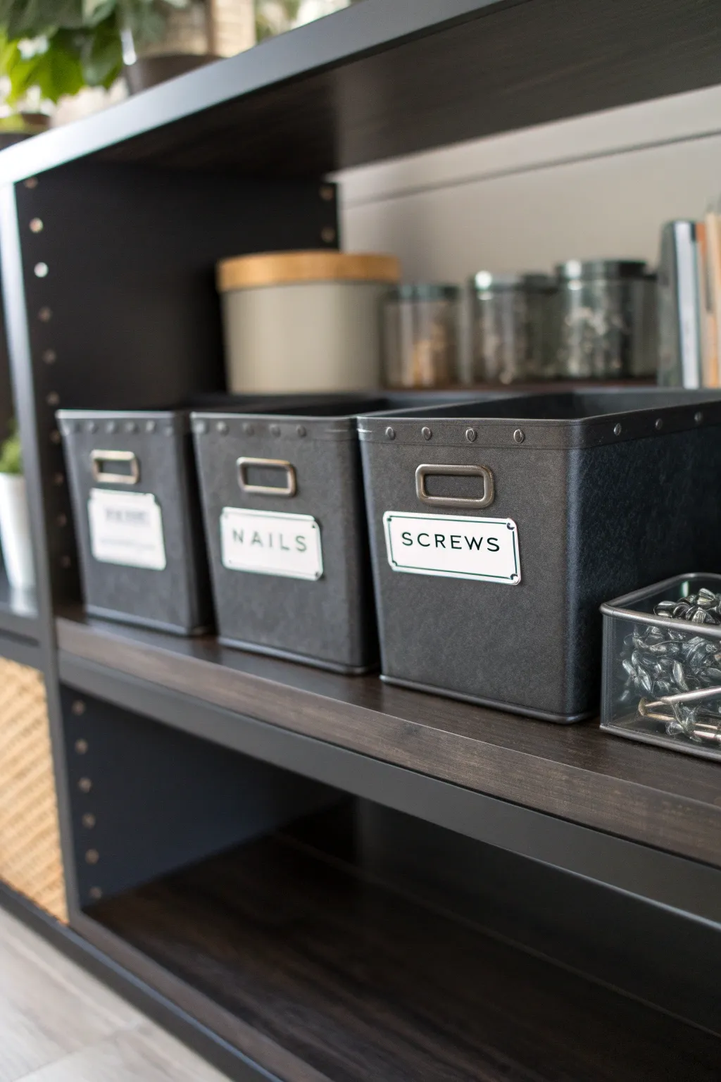 Elevate your workspace with sleek floating shelf bins for a tidy and stylish hardware organization.