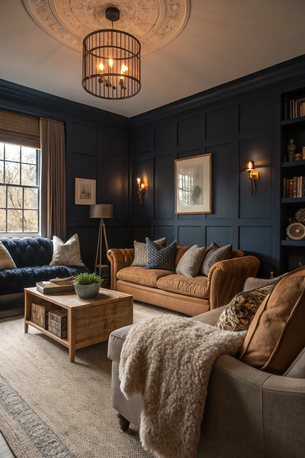 Moody navy and light brown create an intimate living room setting.