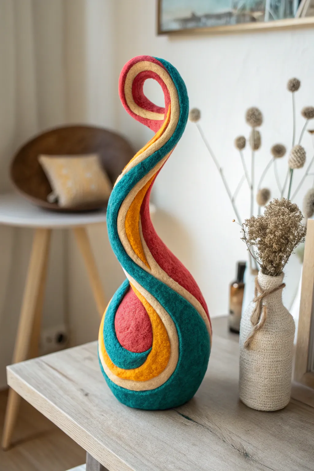 Embrace creativity with a bold abstract needle-felted masterpiece. #Craftsmanship #MinimalistArt