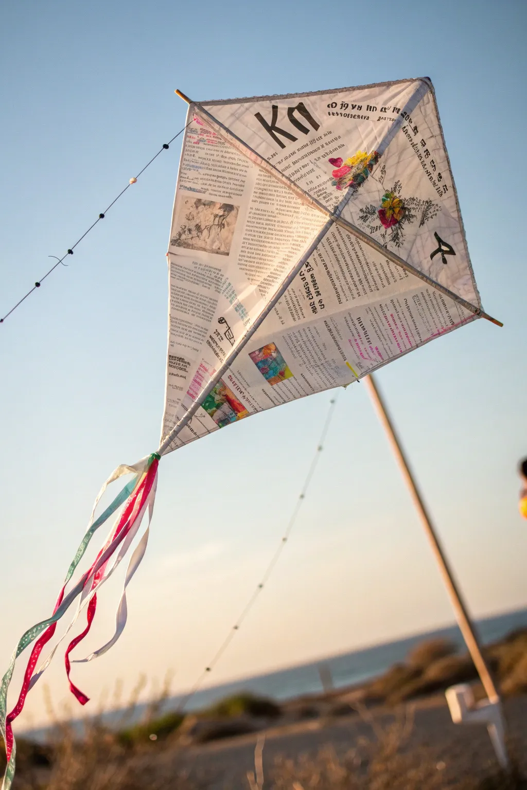 Fly high with handcrafted elegance: A minimalist newspaper kite against a serene sky.