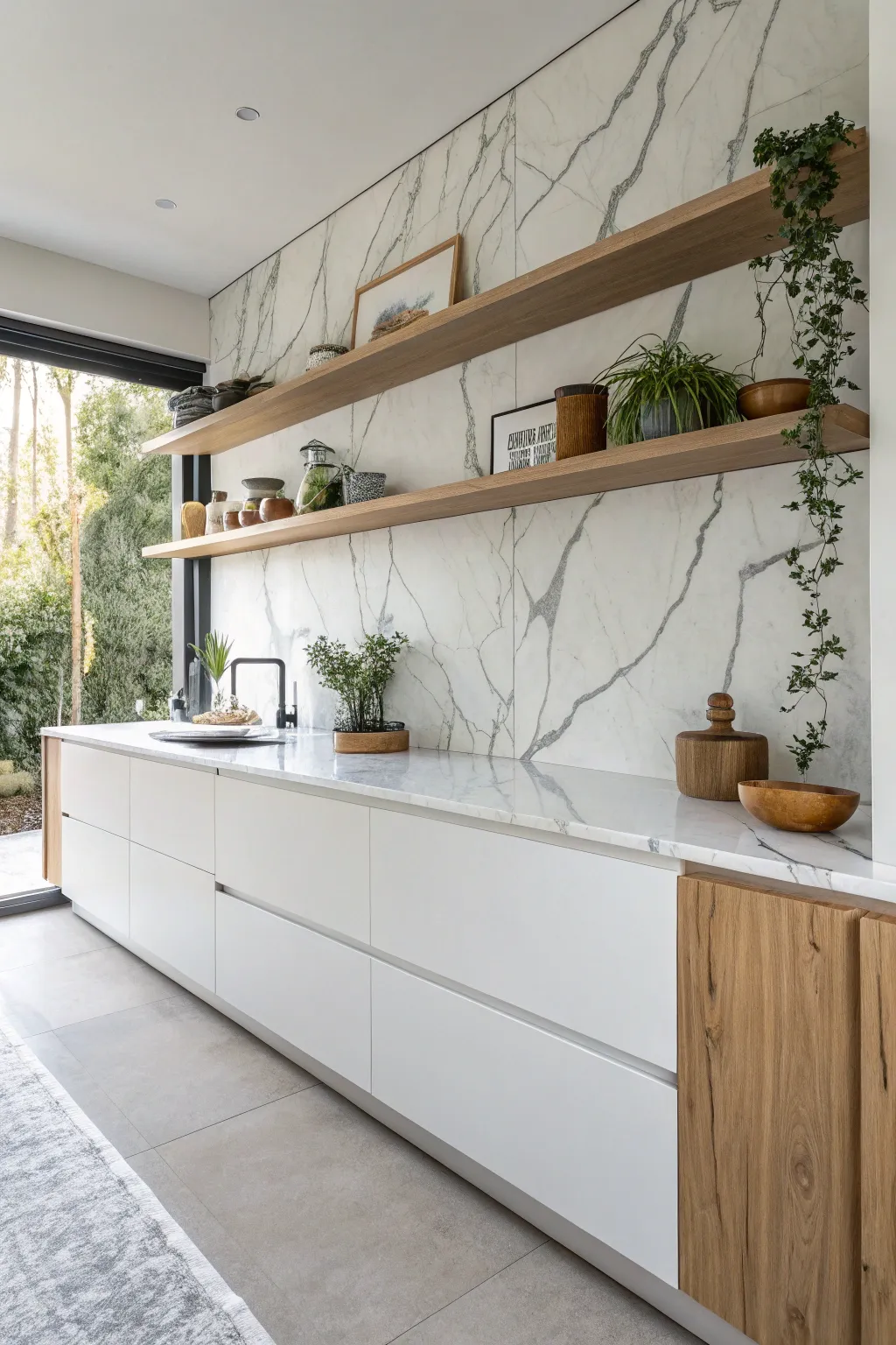 Elevate your kitchen with the elegance of a seamless stone slab backsplash. #ScandinavianSimplicity #StoneSophistication