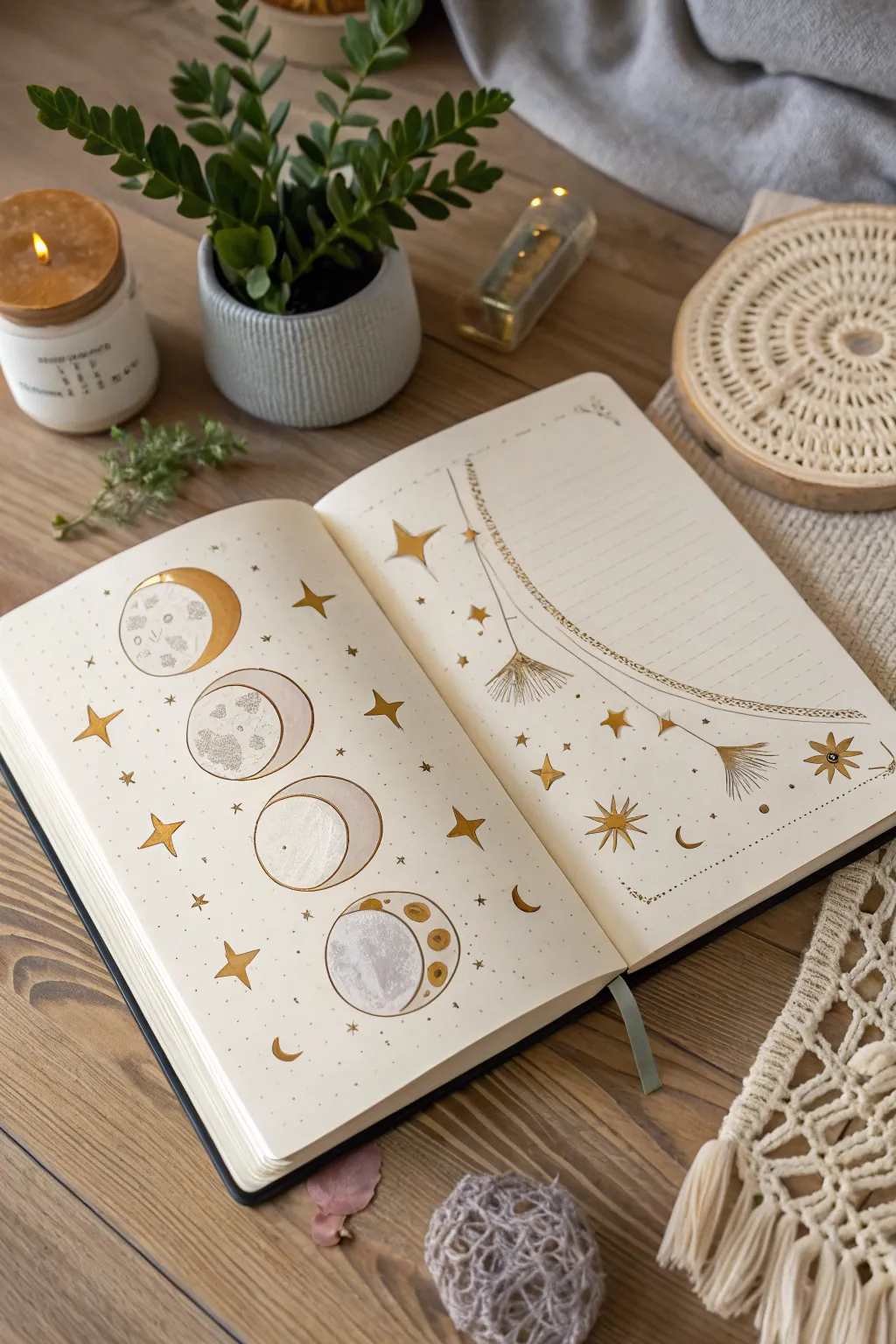 Embrace the magic of the harvest moon with a celestial bullet journal spread that captures the beauty of lunar phases and twinkling stars.