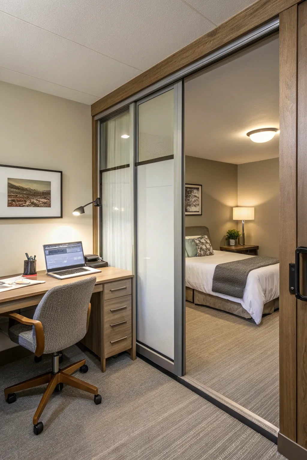 Sliding doors create flexible zones without occupying floor space.
