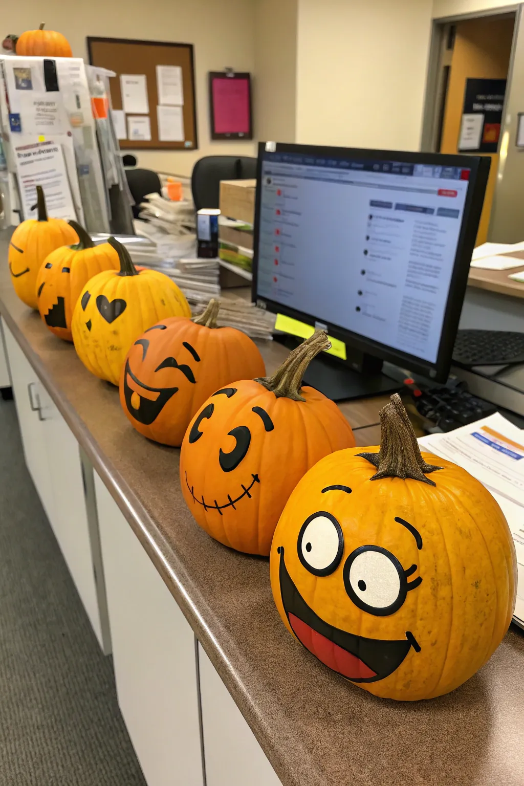 A cheerful collection of emoji pumpkins, spreading smiles and laughter in the office.