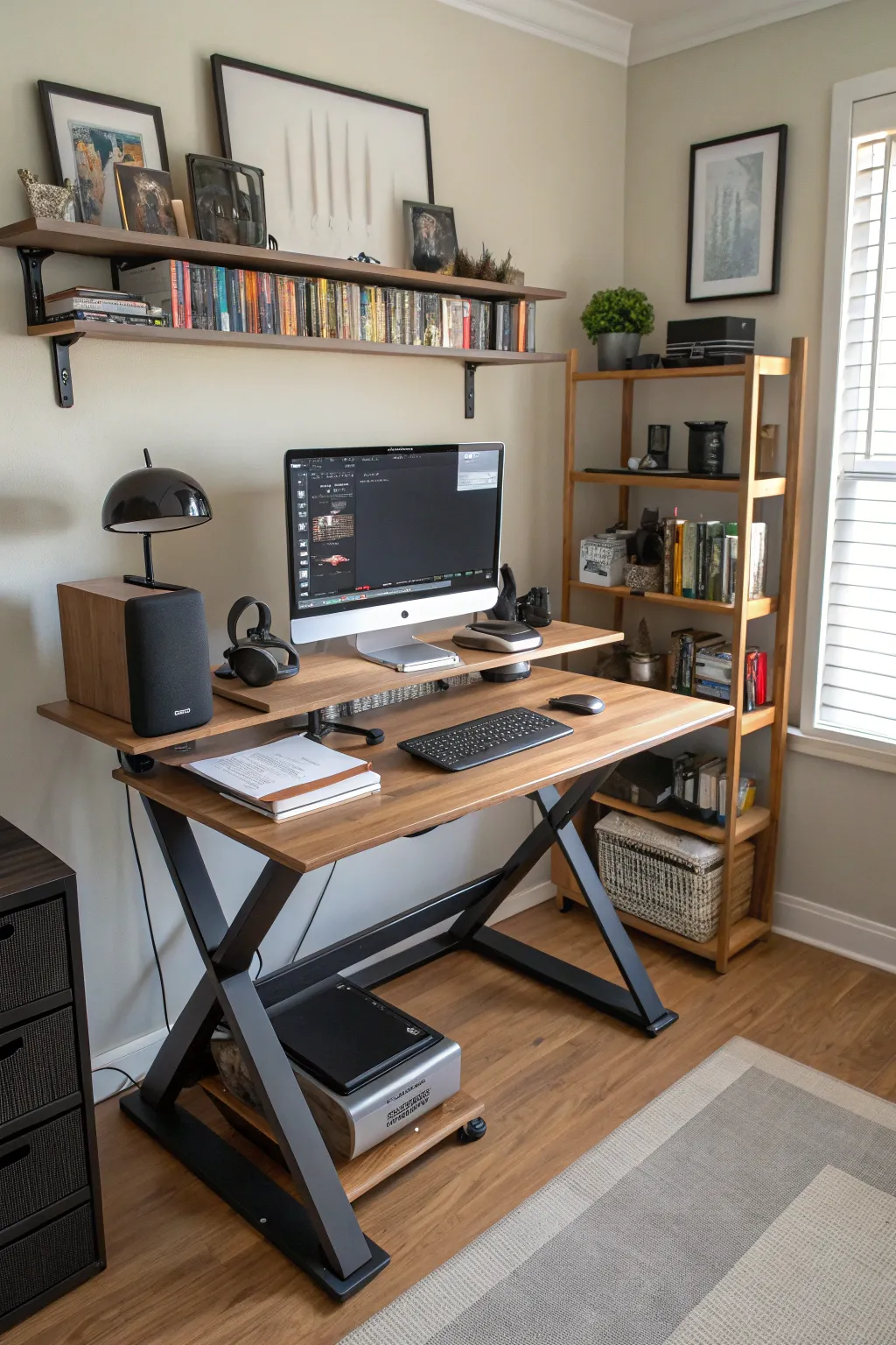 A home office with a convertible standing desk and innovative workstation setup.
