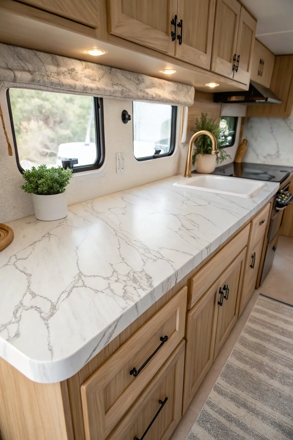 Transform your camper kitchen with chic marble-patterned contact paper for a touch of luxury on a budget.