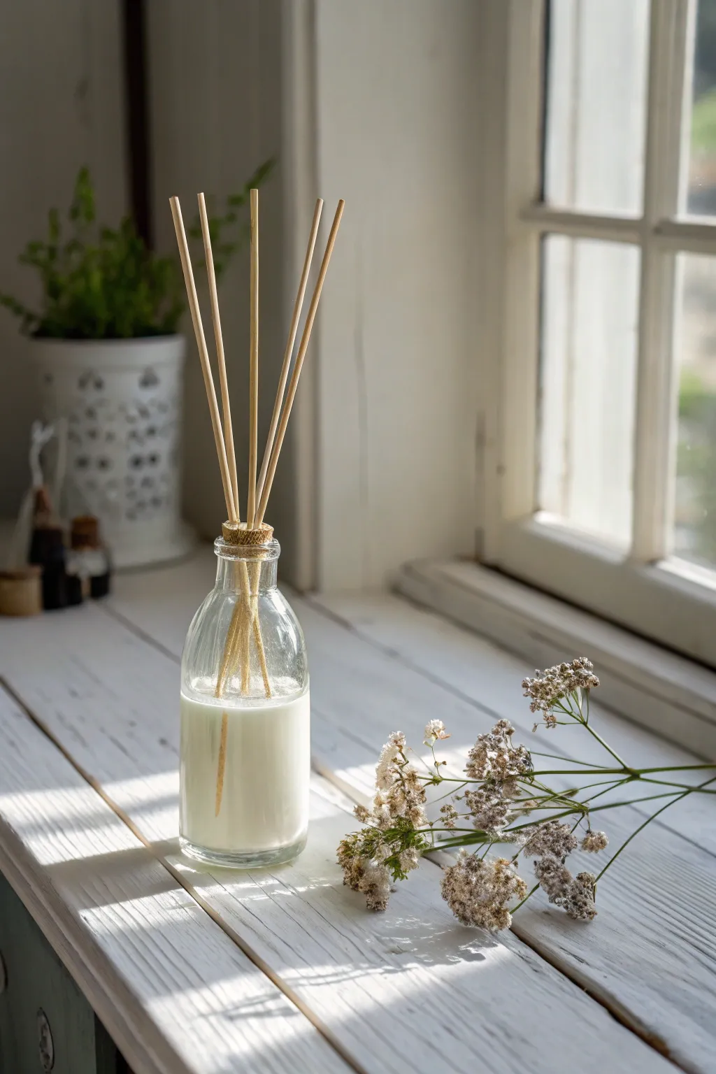 Elevate your space with a touch of natural elegance: transform vintage glass into a charming reed diffuser.