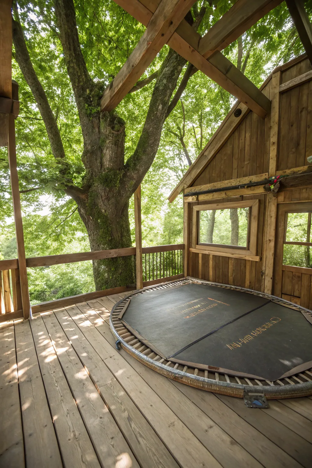 Transform your treehouse with a touch of craftsmanship: repurposed trampoline mat flooring adds comfort and style.