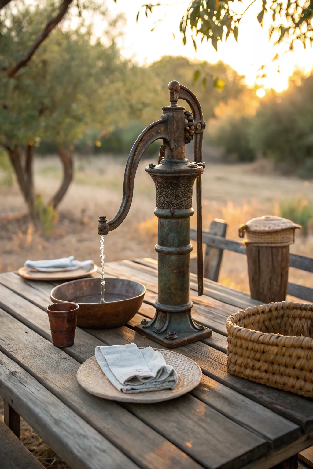 Elevate your outdoor dining with a touch of rustic elegance using a vintage water pump centerpiece.