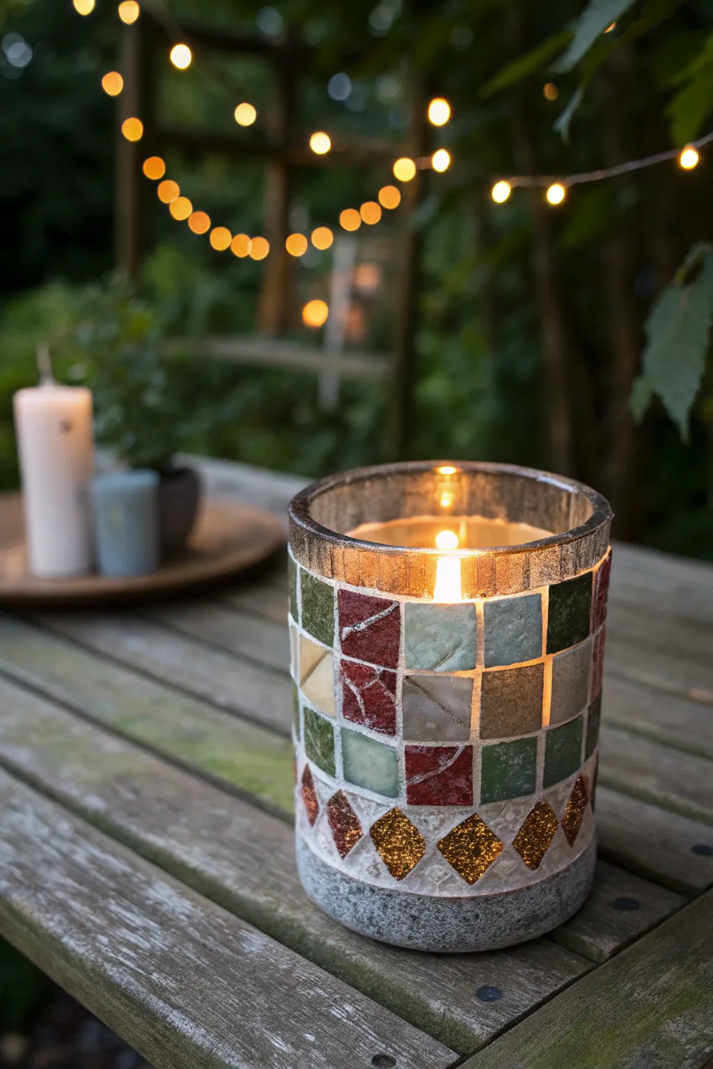 Illuminate your evenings with handcrafted elegance: tile-wrapped candle holders for a stylish outdoor ambiance.