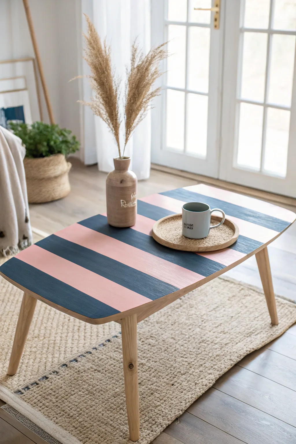 Transform your coffee table into a stunning focal point with bold, handcrafted stripes. #ScandiBoho #TableMakeover