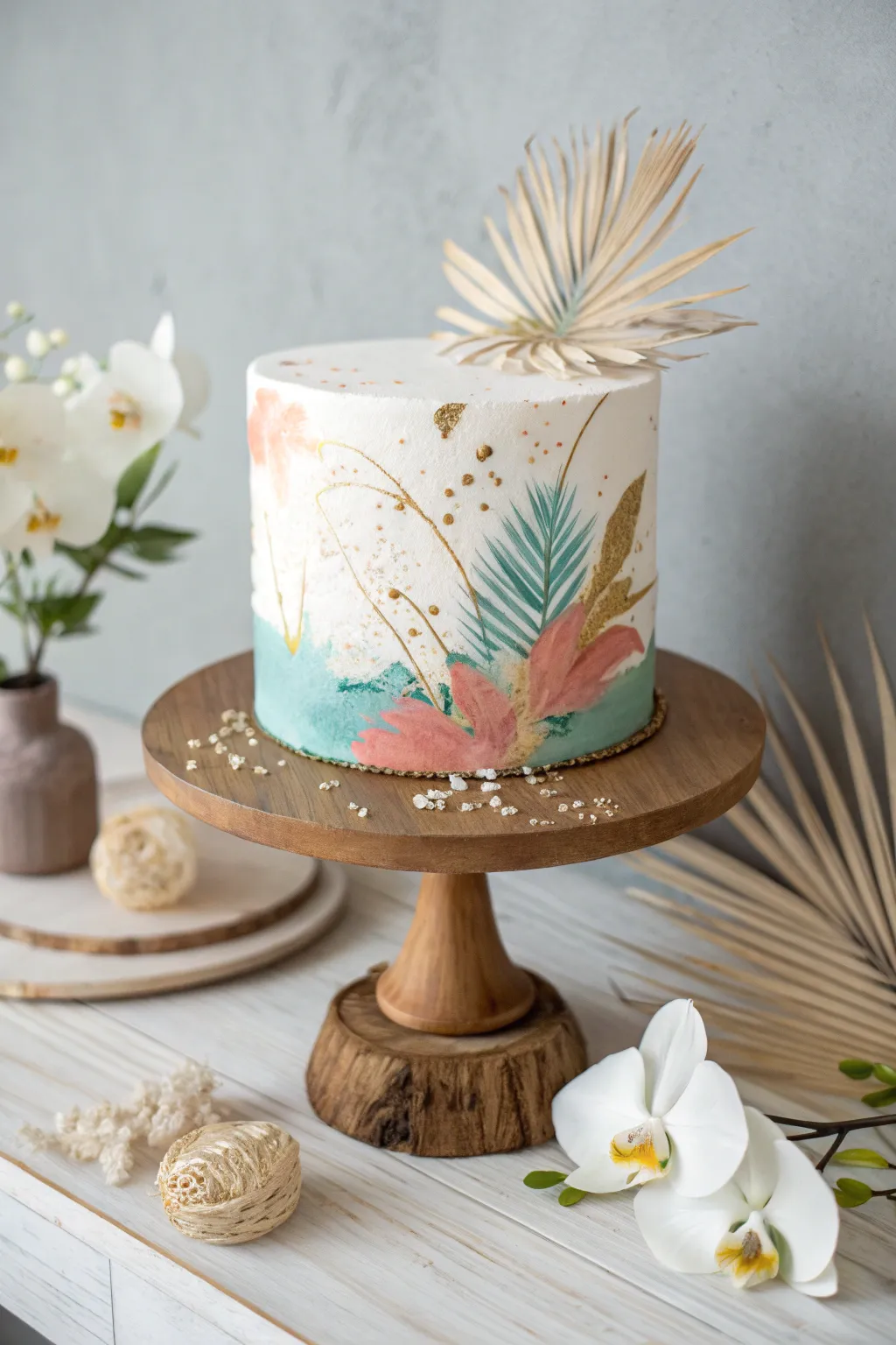 Unleash the beauty of simplicity with a tropical-themed paint splatter cake that ties your celebration together.