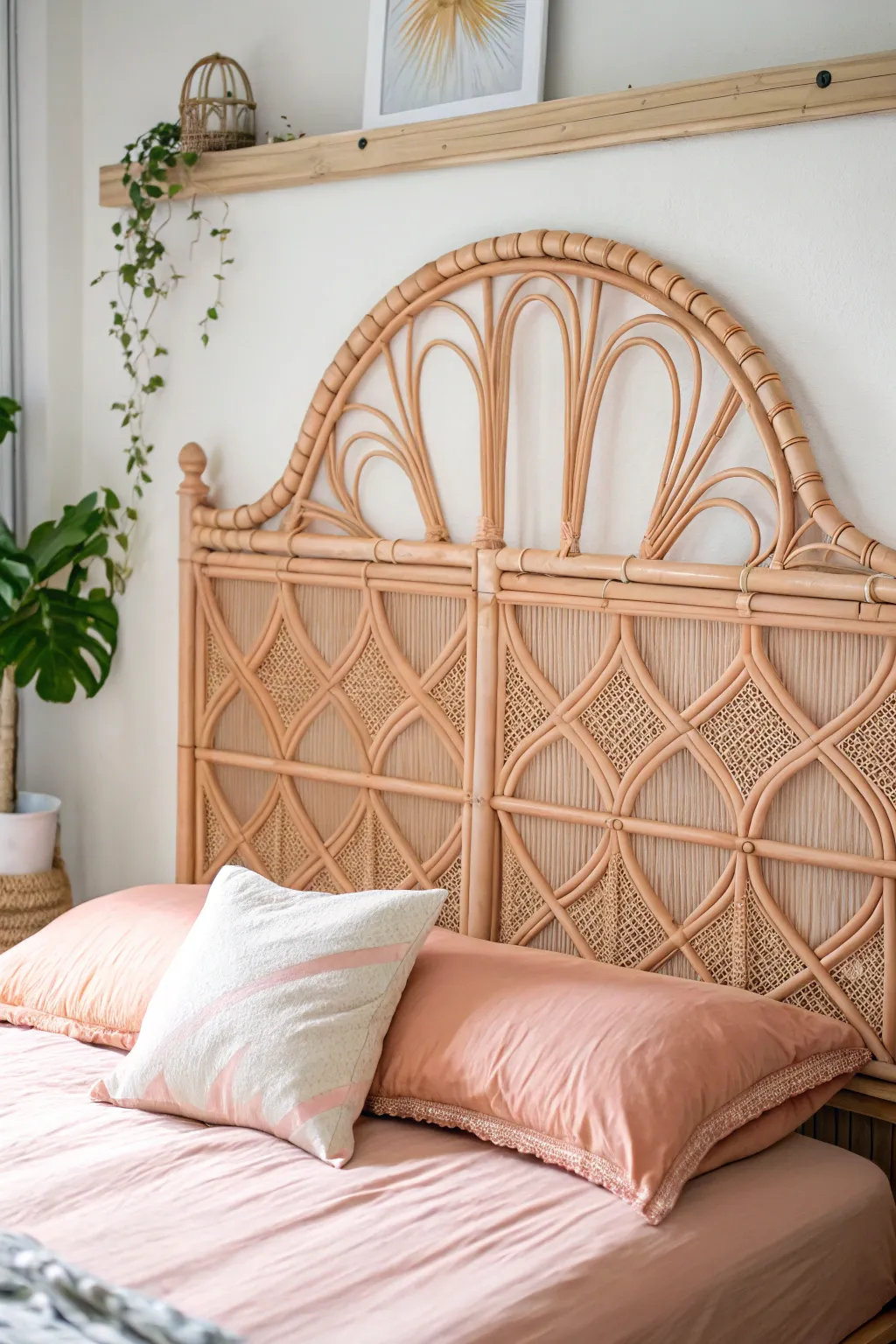 Embrace serenity with a peachy bamboo headboard, perfect for lazy, cozy weekends.