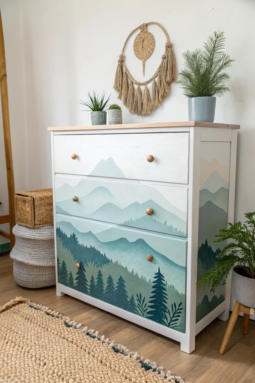 Transform your space with nature's serenity through this beautifully painted mountain landscape dresser.