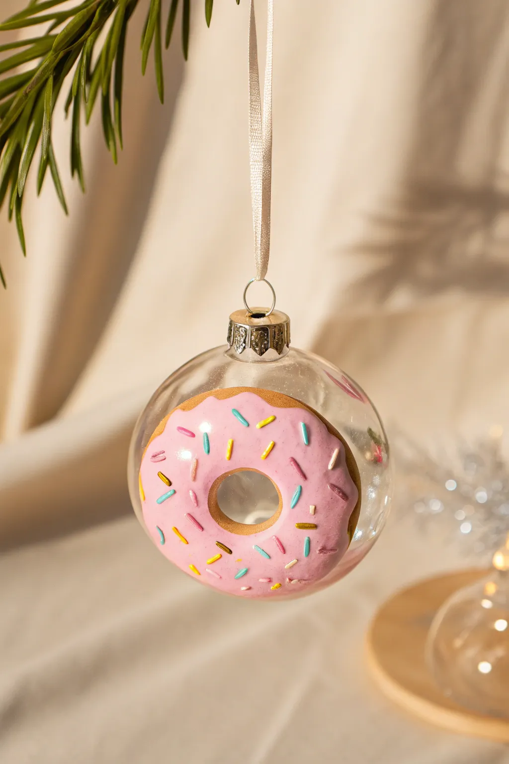 Add a sweet touch to your decor with a whimsical donut ornament, blending simplicity and fun.