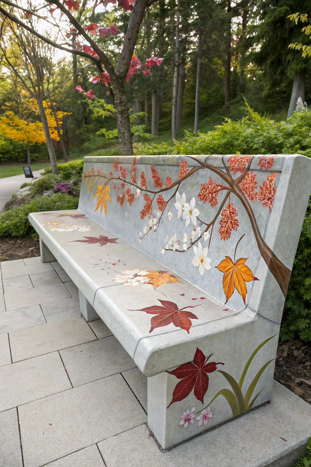 Transform your outdoor space with a stunning seasonal-themed concrete bench. 🍂🌸 #Craftsmanship #OutdoorLiving