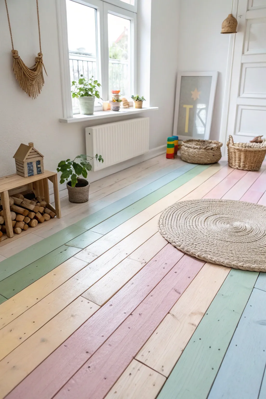 Step into a world of whimsical wonder with this captivating rainbow floor—a perfect blend of Scandinavian simplicity and Boho charm!