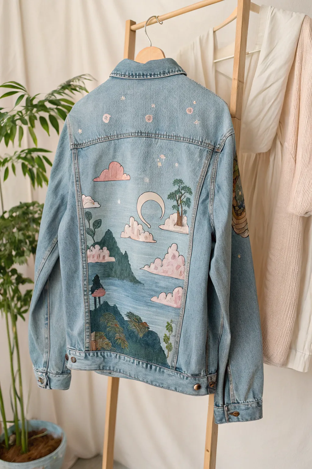 Dream big with surreal landscapes on your denim jacket.